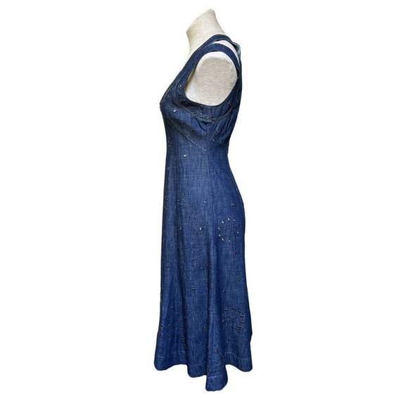 NWT by Anthropologie Blue Denim Maxi Trumpet Dress Stud + Grommets 2 Petite West - Picture 5 of 11